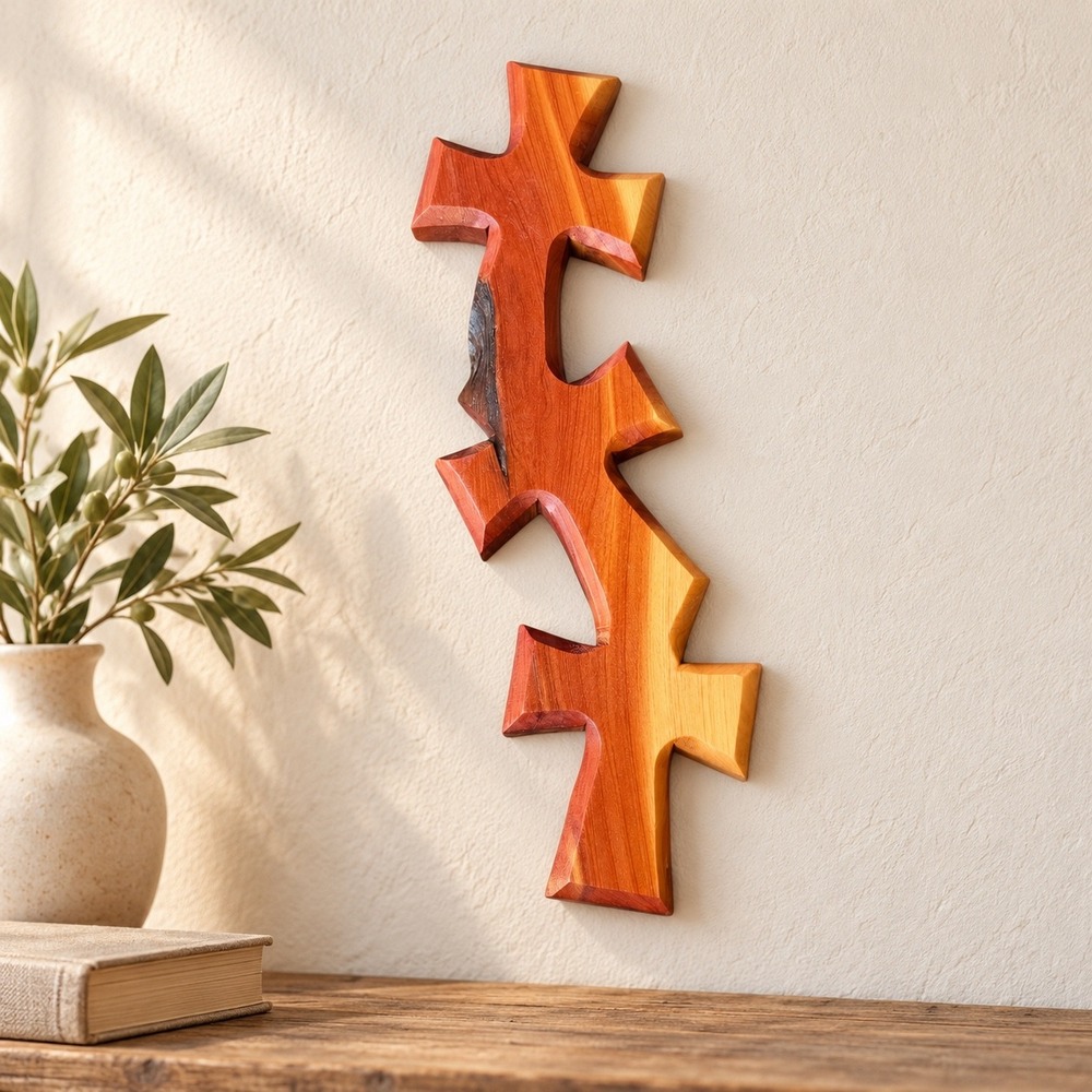 Handmade Cedar Wood Triple Stacked Wall Cross Religious Rustic Home Decor 12in